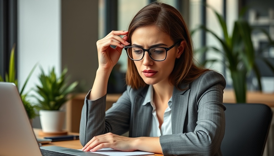 Stressed manager holding glasses at desk, experiencing crisis.