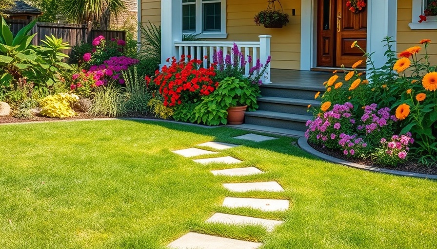 Front yard garden with stepping stones and vibrant plants, showcasing curb appeal gardening ideas.