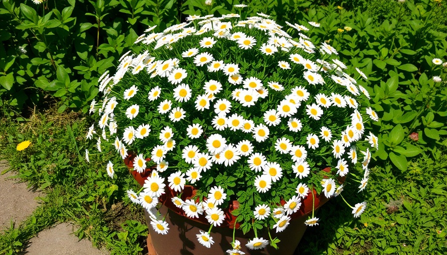 Chamomile plant flourishing in a pot outdoors.