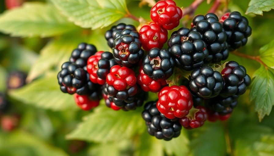 Primocane vs. floricane: Close view of ripe and unripe blackberries.