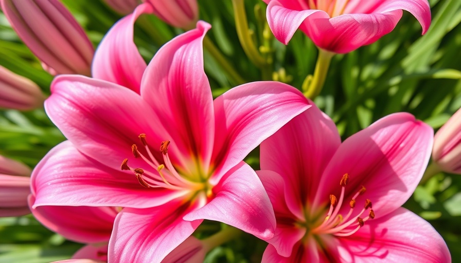 Vibrant pink lilies in a lush green garden, showcasing floral beauty.