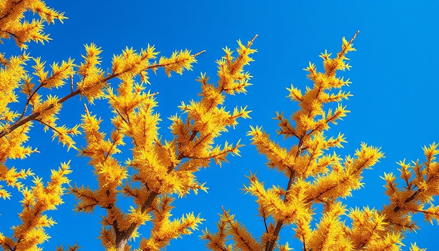 Golden larch tree branches in autumn against blue sky.