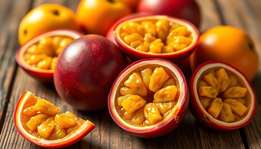 Ripe passion fruits on rustic table.