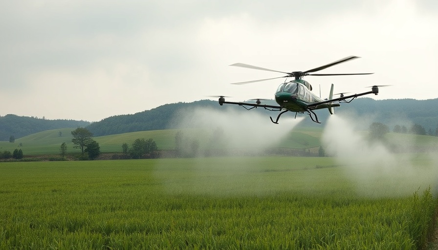 Helicopter spraying pesticides over a field under cloudy skies.