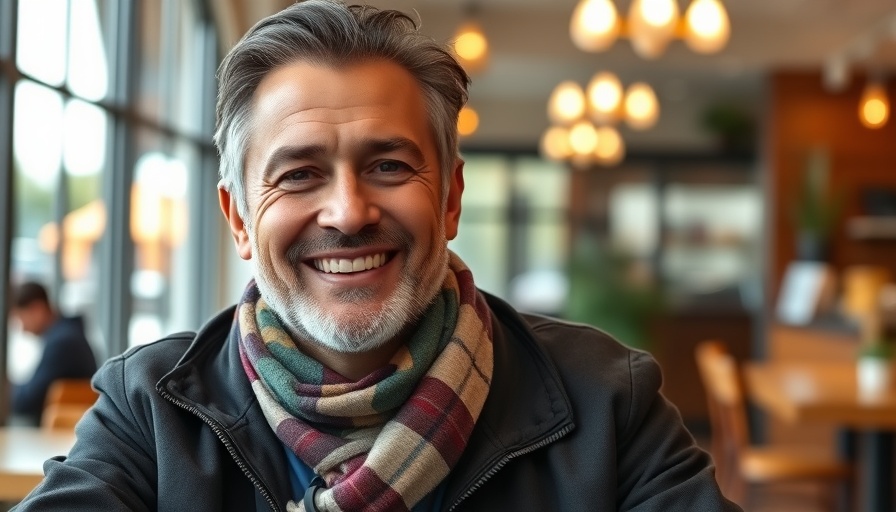Smiling middle-aged man in café reflecting service industry expectations.