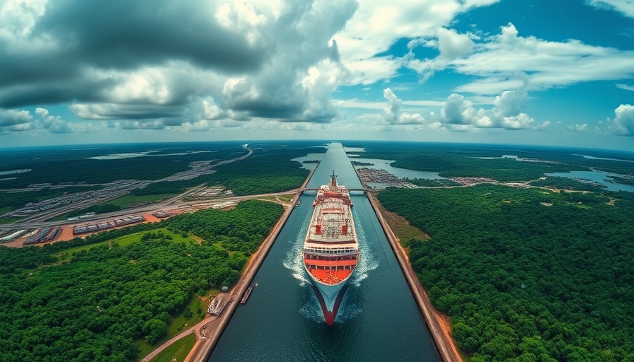Aerial view of Panama Canal with a ship and lush green scenery.