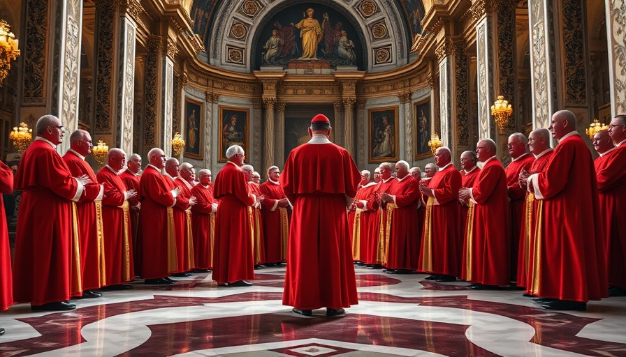 Cardinals in red robes in prayer, future of the Catholic Church gathering.