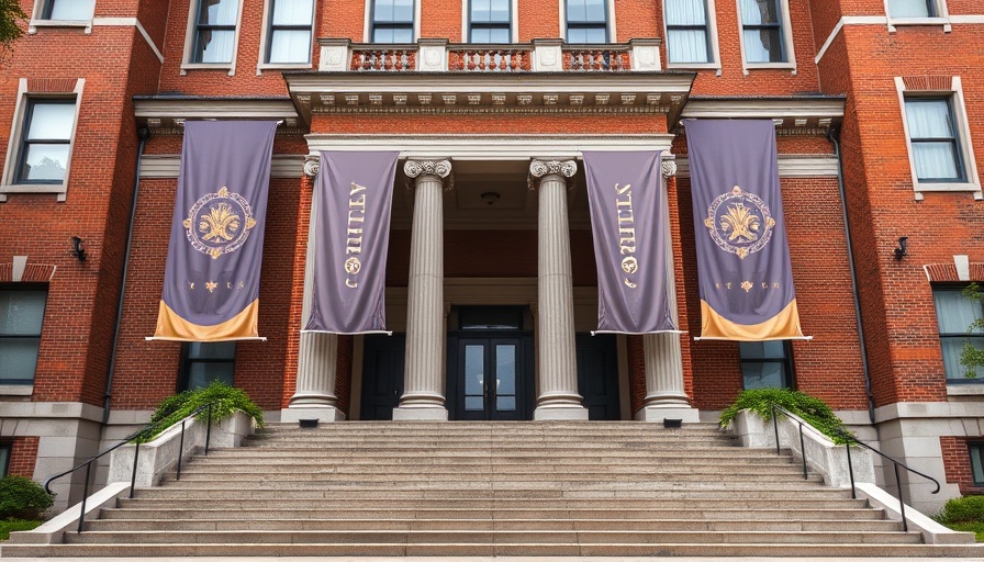 University entrance with 'Veritas' banners symbolizing knowledge amidst Trump's war on knowledge.