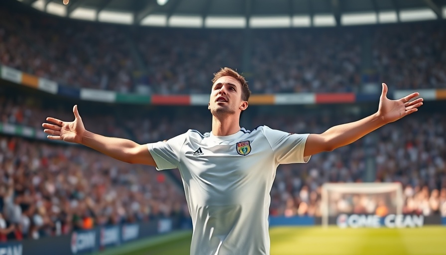 Athletic soccer player celebrating with outstretched arms on the field.