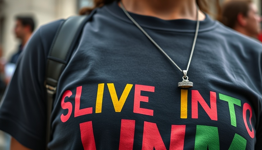 Protest T-shirt with colorful text advocating for social justice.