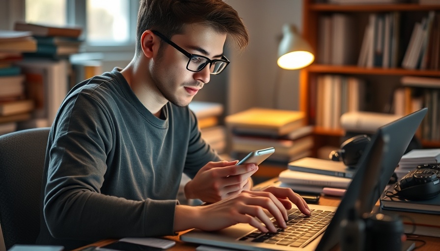 Young adult using smartphone and laptop at desk with books. Technology news.