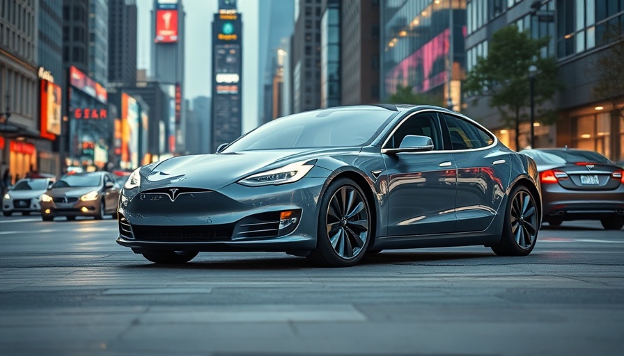 Sleek Tesla car in city, highlighting price change in Canada.