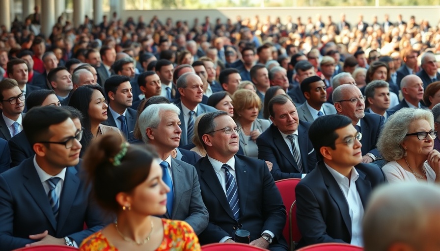 Diverse crowd in formal attire at event, bright sunlit setting.