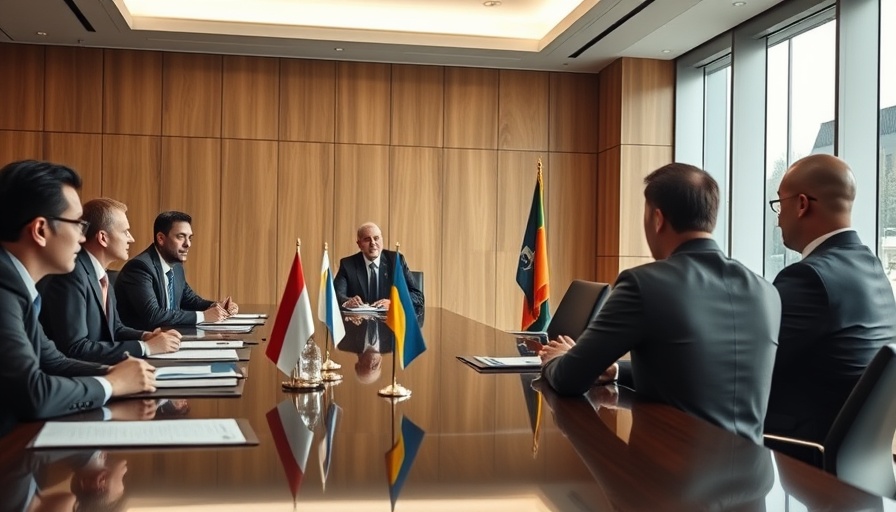 Officials discussing trade negotiations in a modern boardroom.