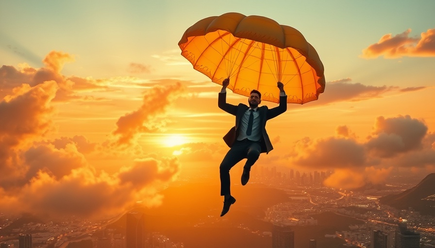 Golden parachute executive compensation illustration over city.