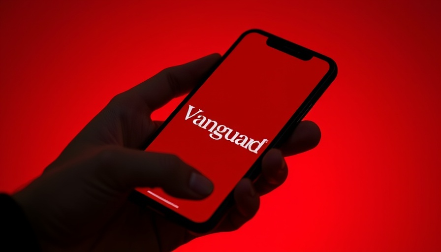 Smartphone showing Vanguard logo against a red background.