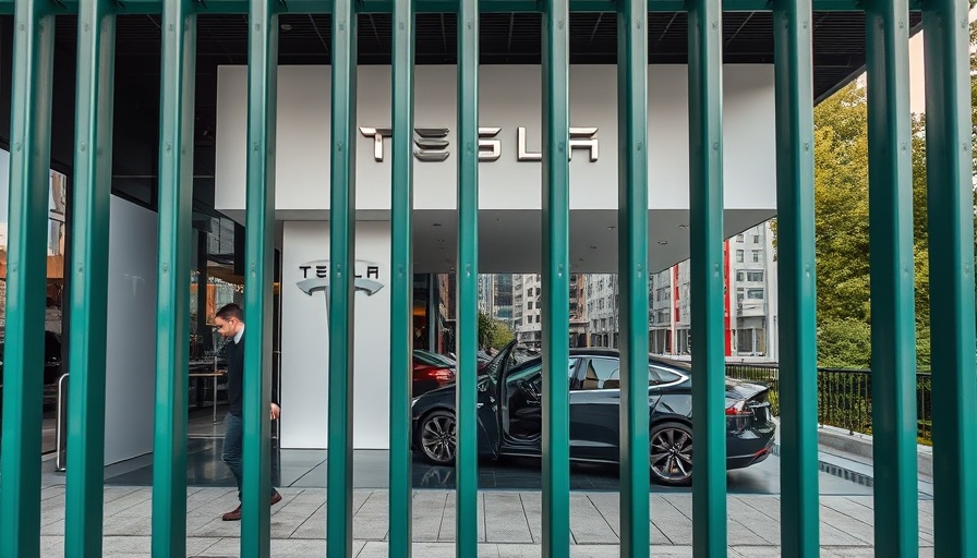 Tesla showroom in China with green fence in front.