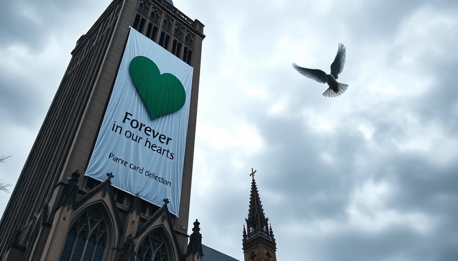 Memorial banner on Grenfell Tower with dove, highlighting safety compliance.
