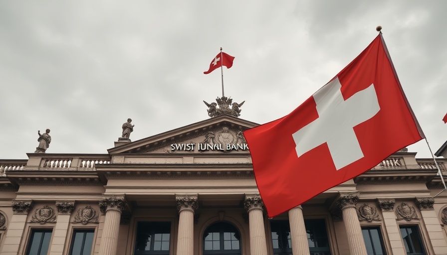 Swiss flag with Swiss National Bank, impact of Swiss franc surge.