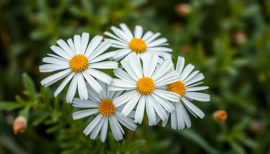 Close-up of white heath aster flowers in a garden setting.