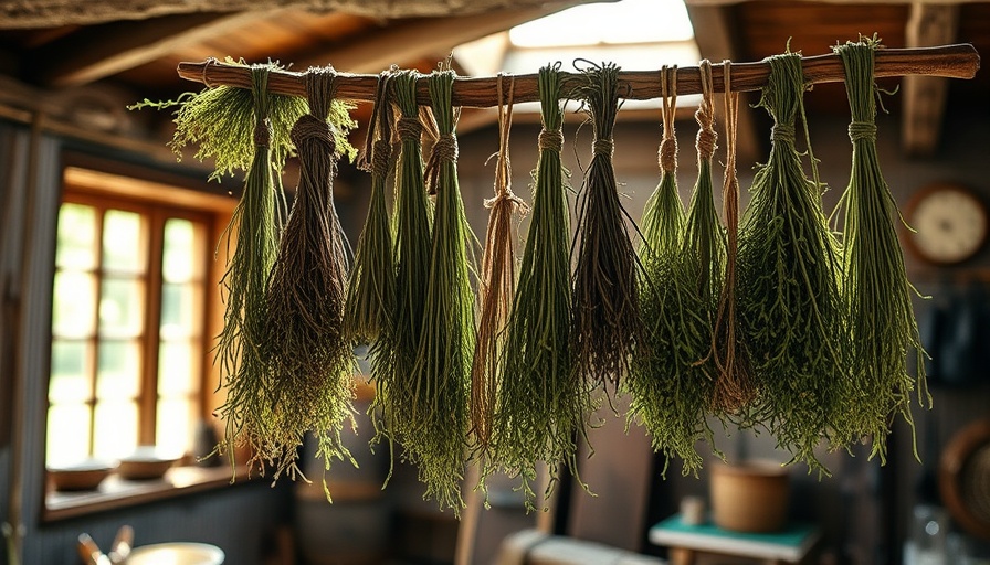 Dried garden herbs hanging for storage.