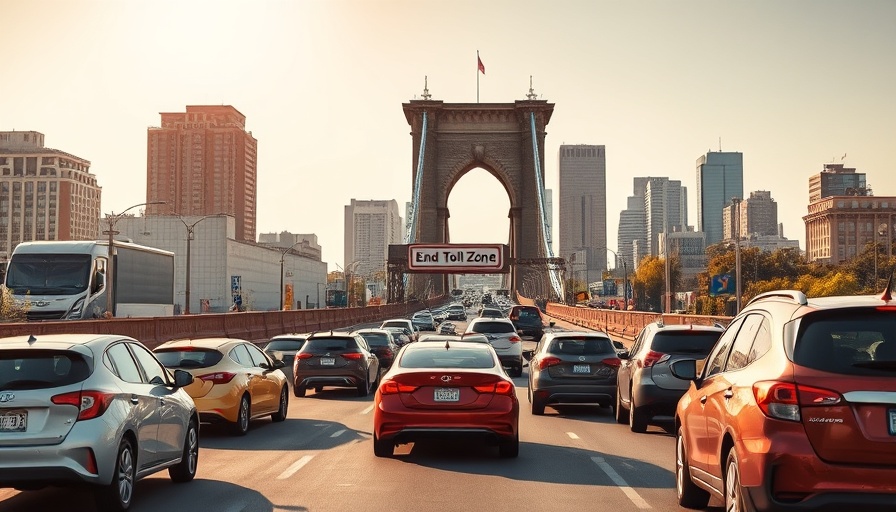 Urban traffic scene near bridge with end toll zone sign, clear sky