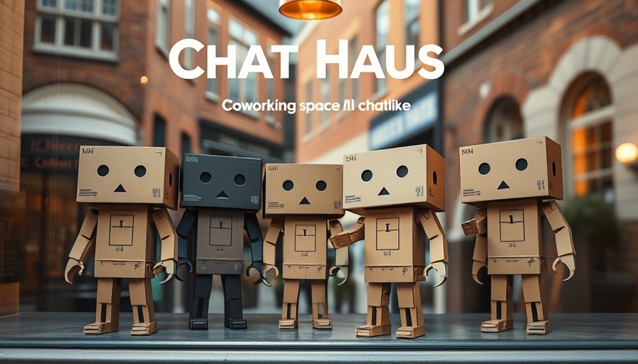 Quirky cardboard robots in a storefront sign 'Chat Haus' for AI chatbot coworking space.