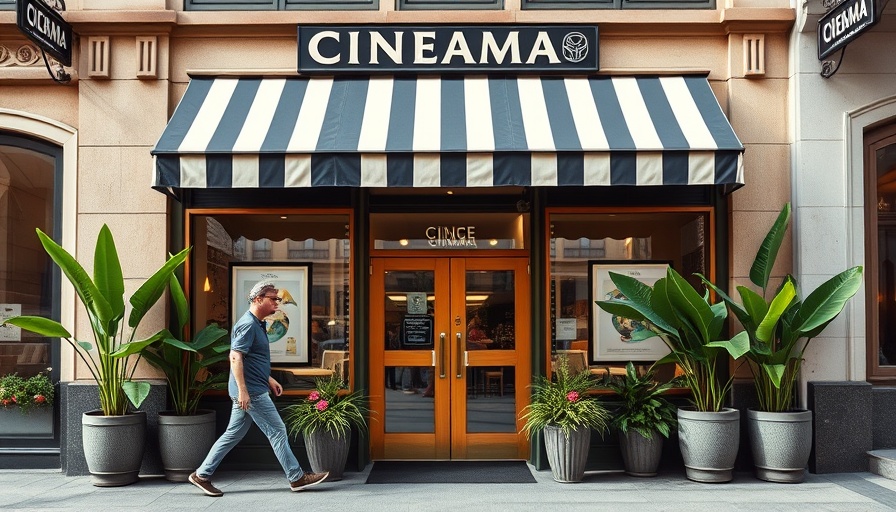 Local cinema entrance with striped awning and lush plants, local news today.