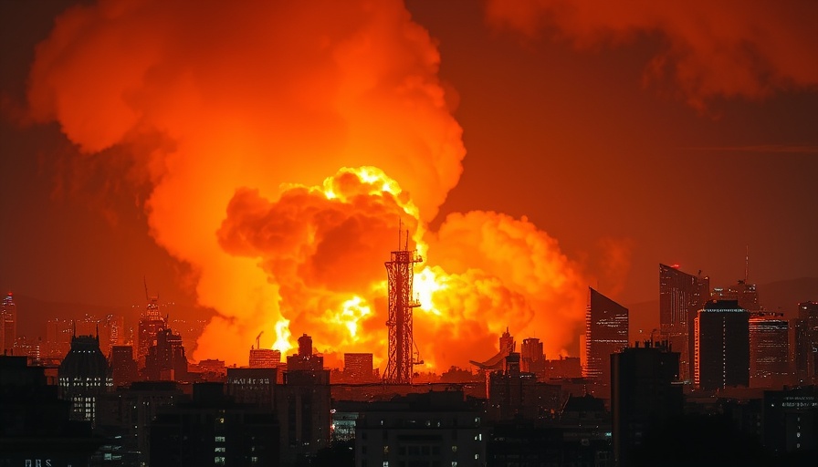 Bright explosion lighting up cityscape during night.