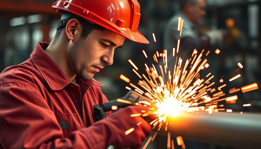 Skilled worker grinding pipe in industrial setting, sparks flying.