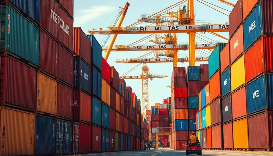 Colorful shipping containers at US port impacted by Trump's tariffs.