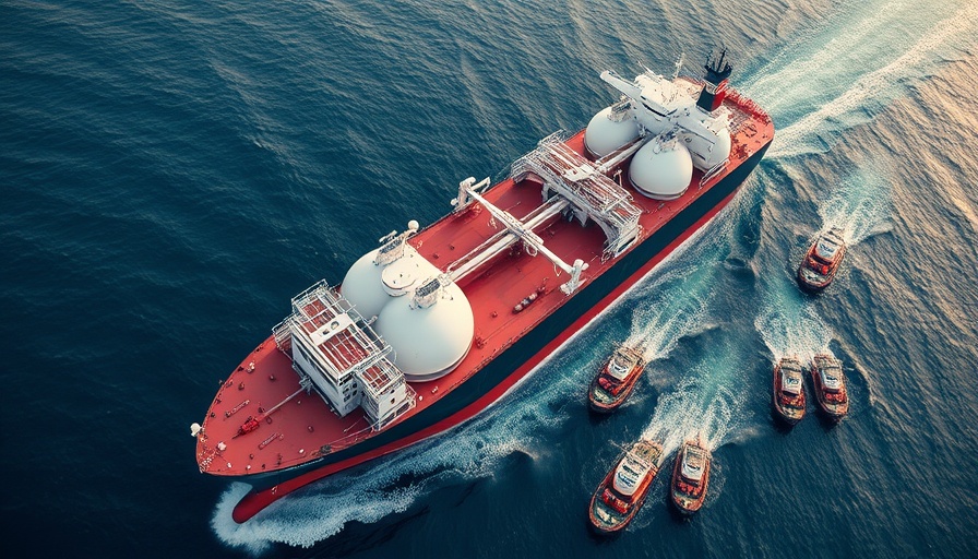 Aerial view of LNG tanker and tugboats, showcasing LNG companies regulations.