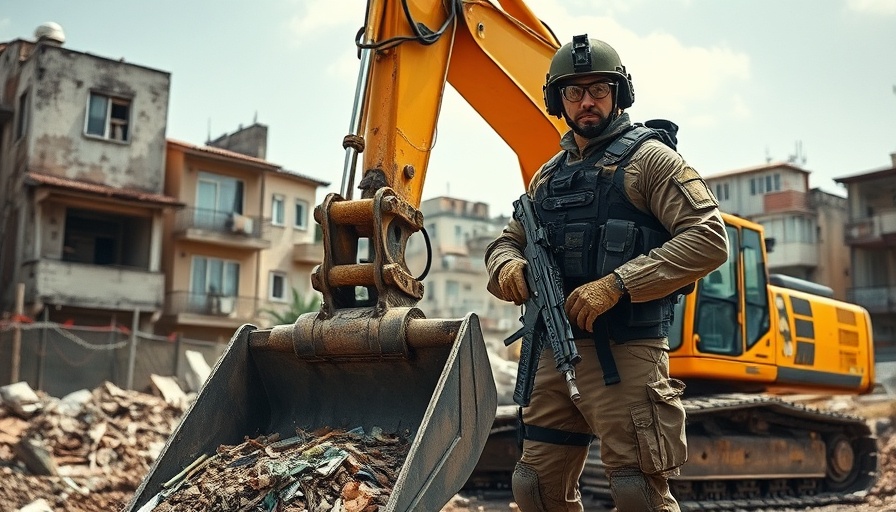 Urban construction scene with military presence and machinery.