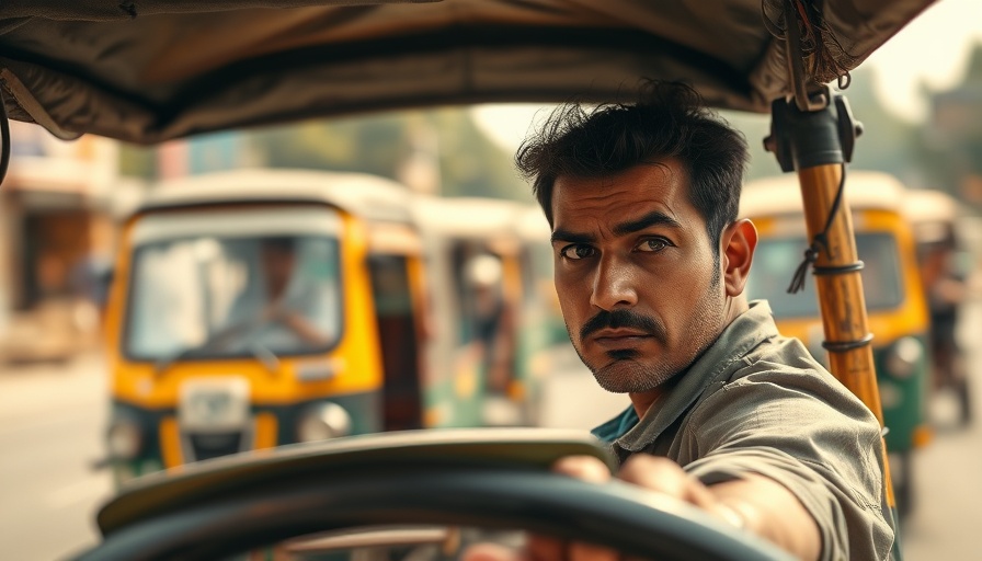 Rickshaw driver navigating traffic, capturing ozone-climate penalty effect.
