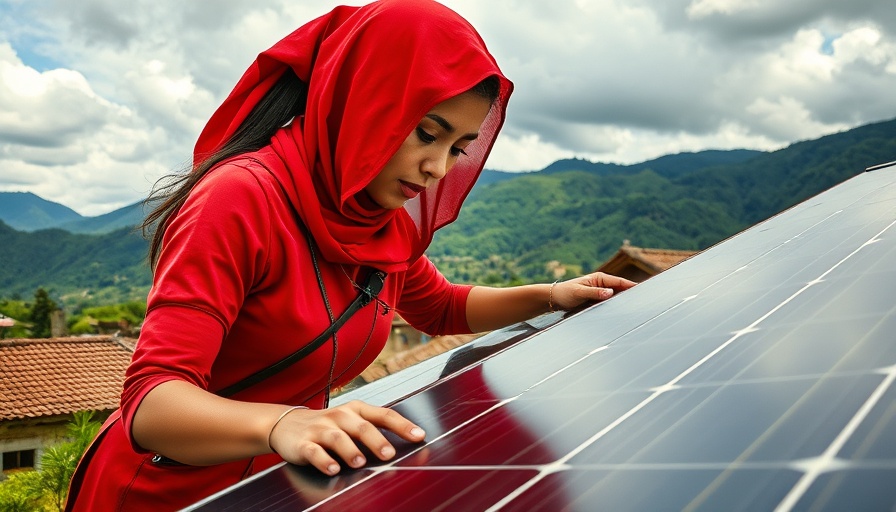 Woman cleaning solar panels in rural village; global aid funding impact.