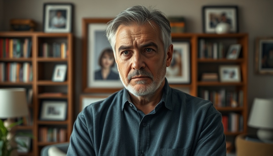 Middle-aged man looking concerned in living room, reflecting on retirement.