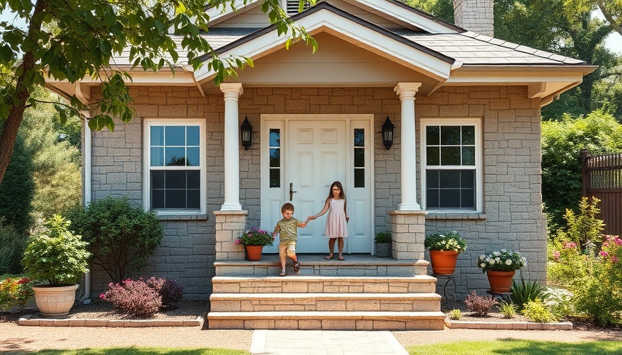 Cozy bungalow starter home with kids playing on the porch.