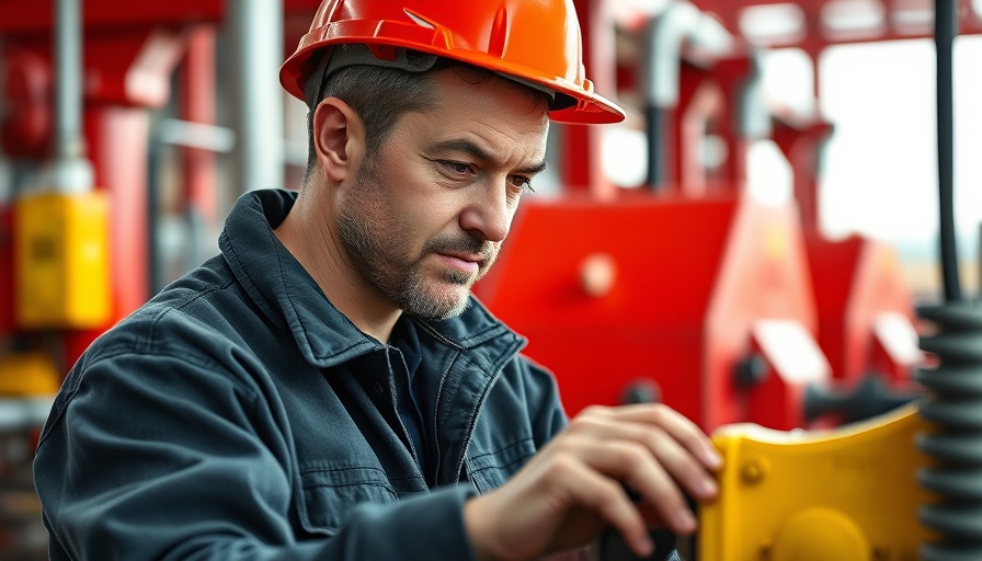 Oil worker adjusting machinery, highlighting industrial operations.