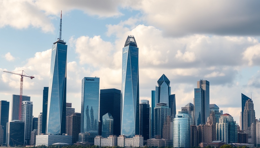 Cityscape with modern skyscrapers under a blue sky, illustrating business growth
