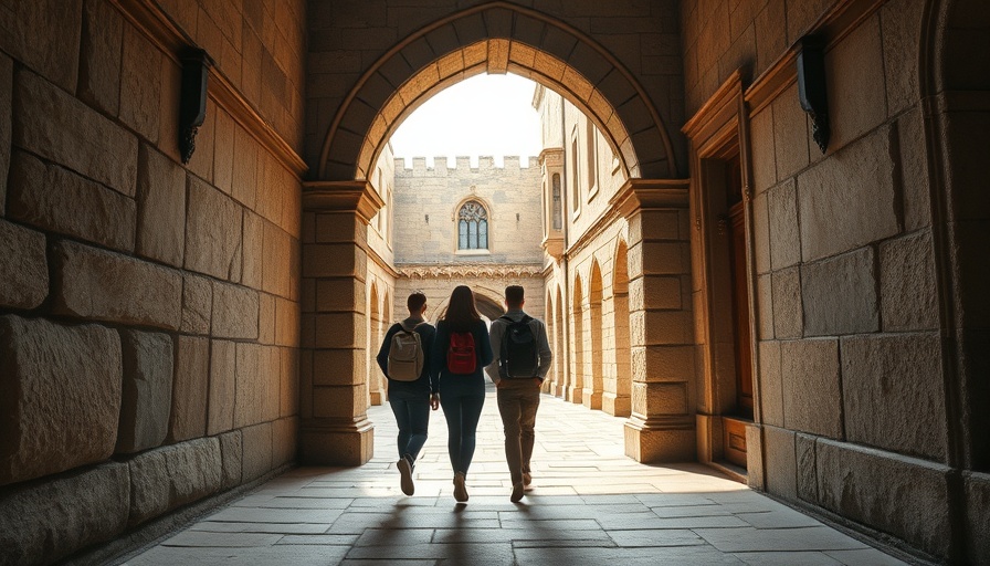 American students in UK university walking through historic archway.