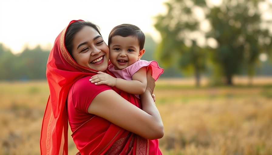 Mother and baby smiling in open field; climate change affecting vulnerable populations theme.