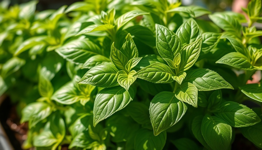 Vibrant Genovese basil leaves under sunlight, showing healthy growth