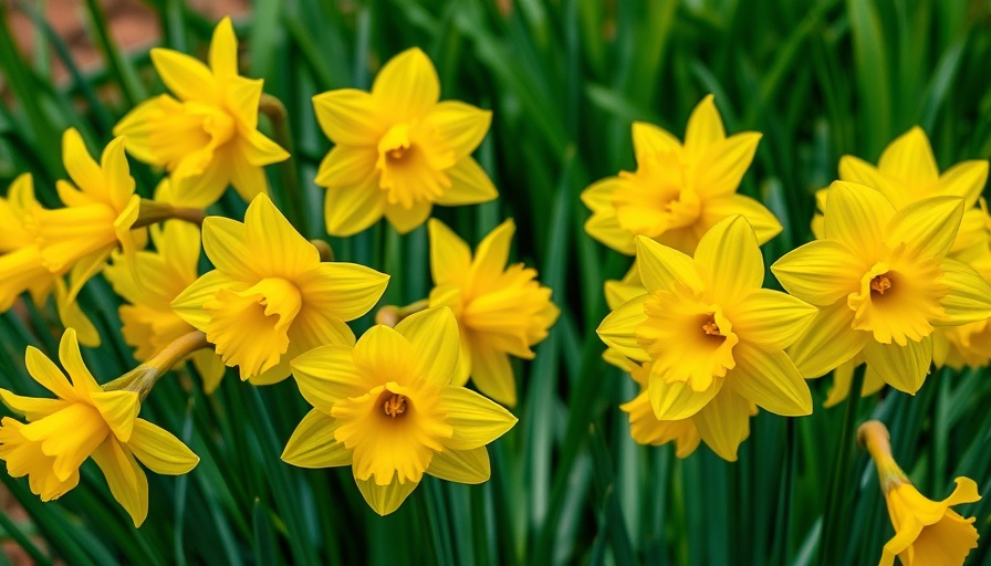 Yellow daffodils with green foliage in garden.