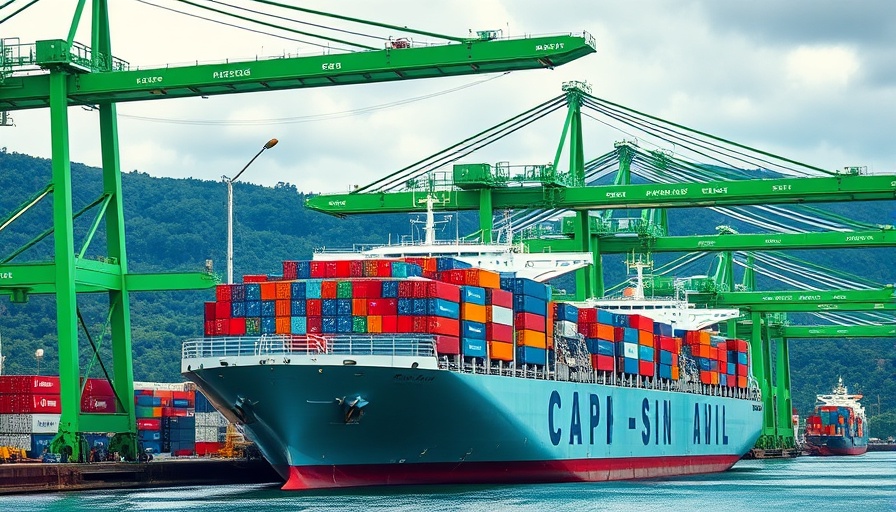 Panama Canal Trade Relations: Ship at a busy container port, green cranes.