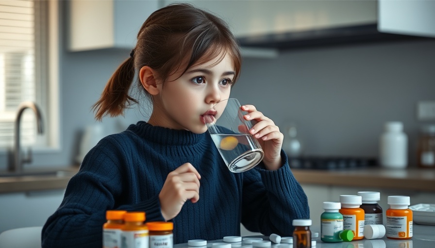 Child drinking water amidst medication, highlighting antibiotics and childhood obesity risk.