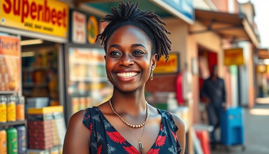 Cheerful woman outside a local African supermarket in urban setting.