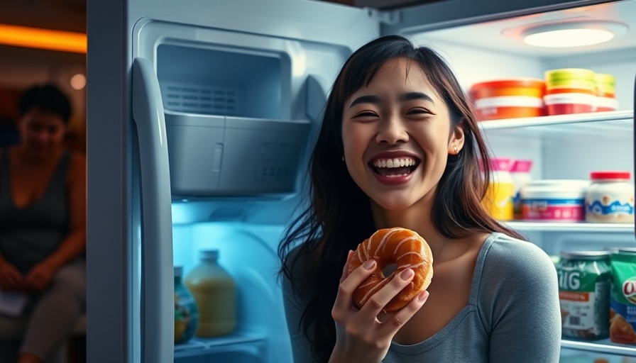 Young woman enjoying a donut near an open fridge.
