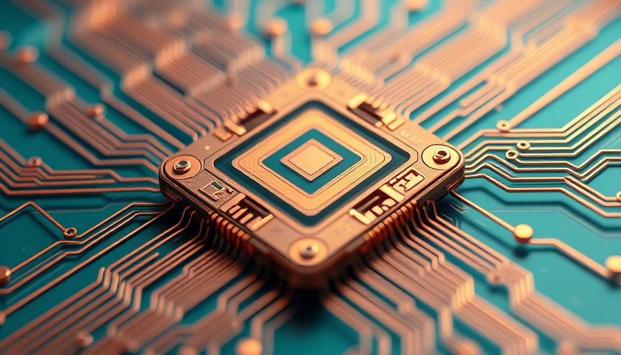 Futuristic quantum chip with intricate copper wiring showcasing advanced technology.