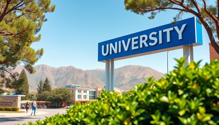 University campus entrance with signage and mountains.