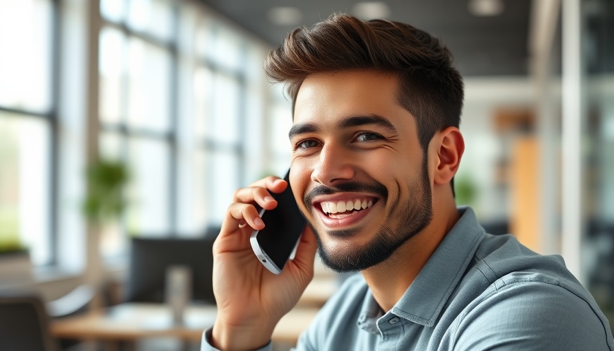 Cheerful man negotiating debt settlement over phone in office.